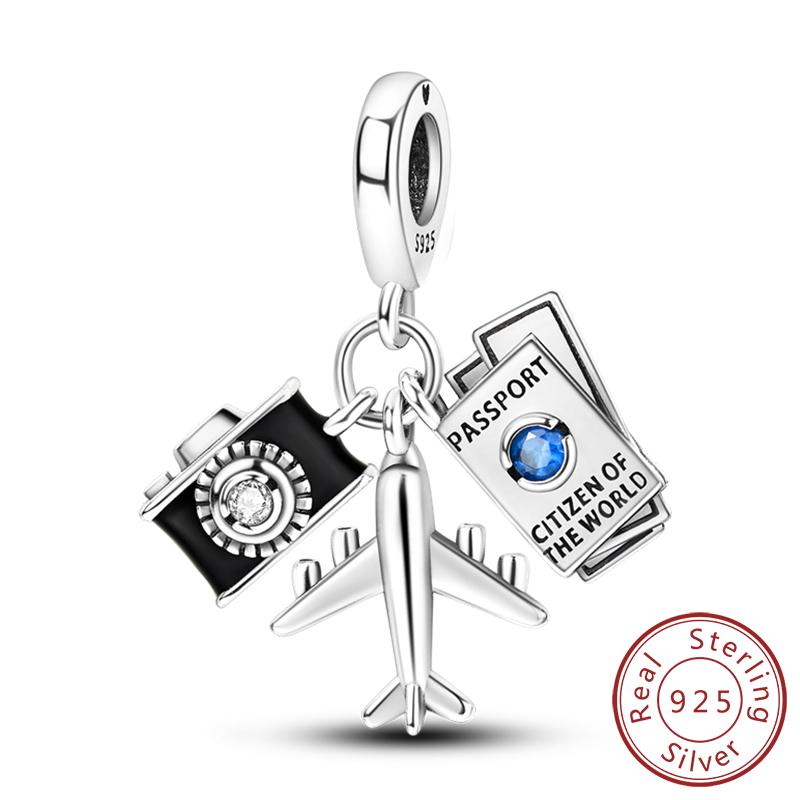 Copper Charms Bead Dangle Airplane Luggage Passport Travel Charms Fit Original Charms Bracelet Jewelry Gift