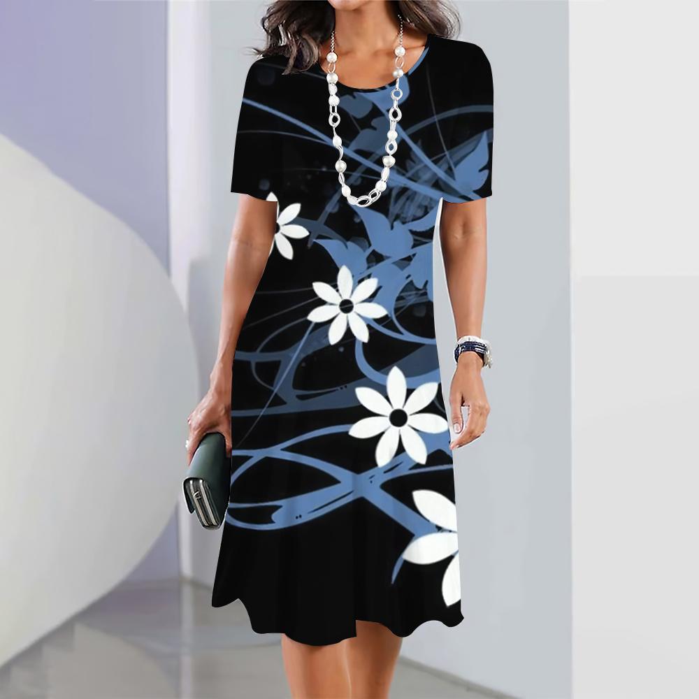 Летние женские платья с 3D-принтом в виде цветов с коротким рукавом, элегантная свободная юбка А-силуэта, модное женское платье большого размера