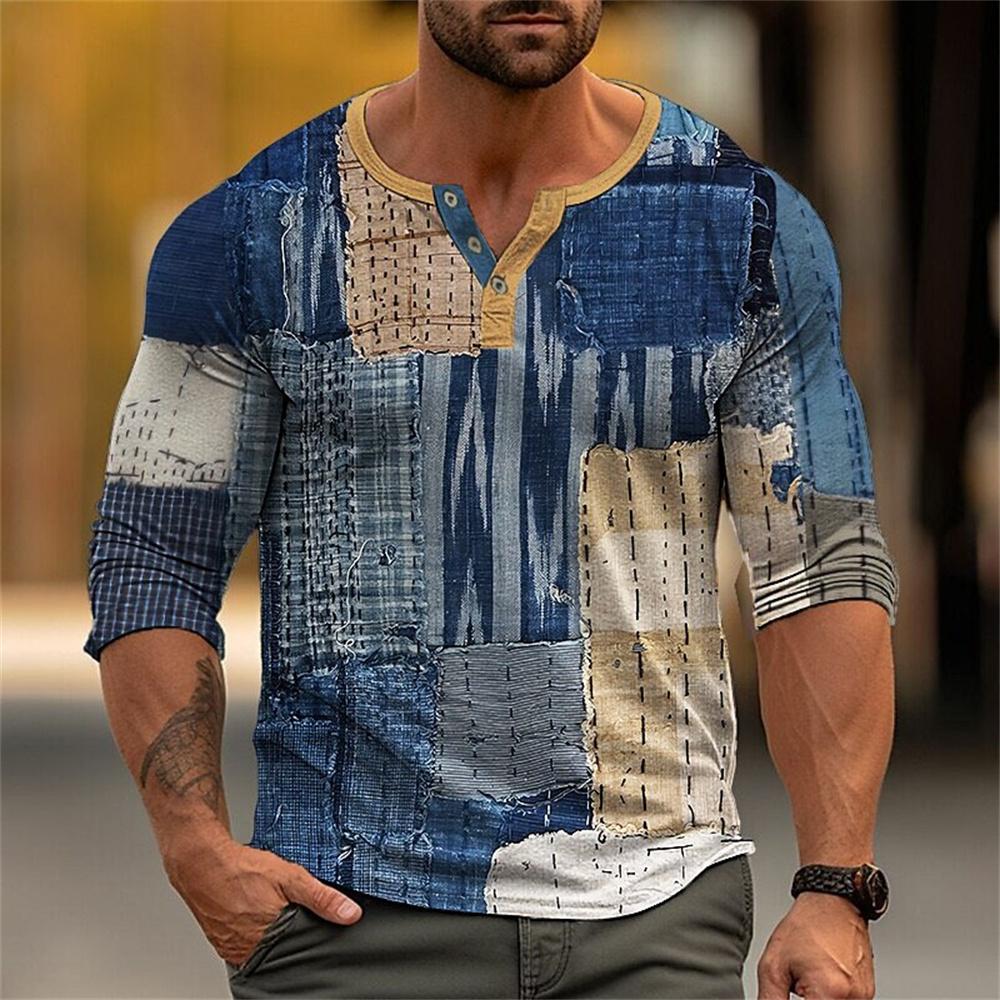 Осенняя рубашка-henley с блоками цвета и пэчворком, 3D-печать, мужская мода, винтажная, на пуговицах, с длинным рукавом, мужские футболки, топы, одежда