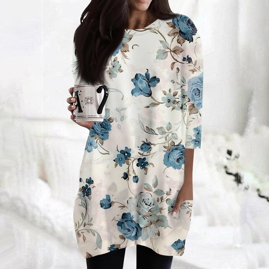 Женская модная повседневная футболка с круглым вырезом и принтом, рукавом 3/4, двойным карманом