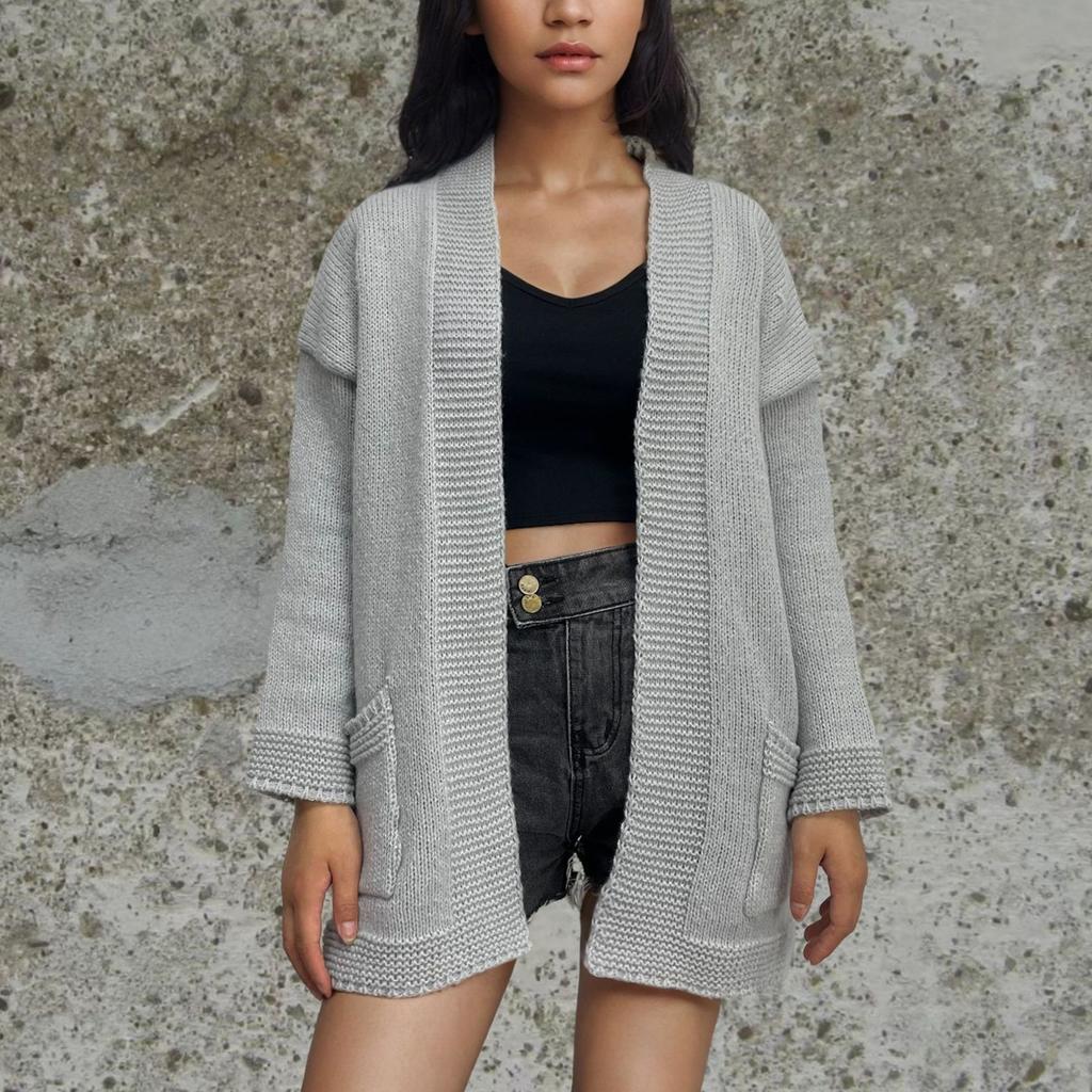 Женская мода вязаный карманный кардиган свитер со свободным пальто