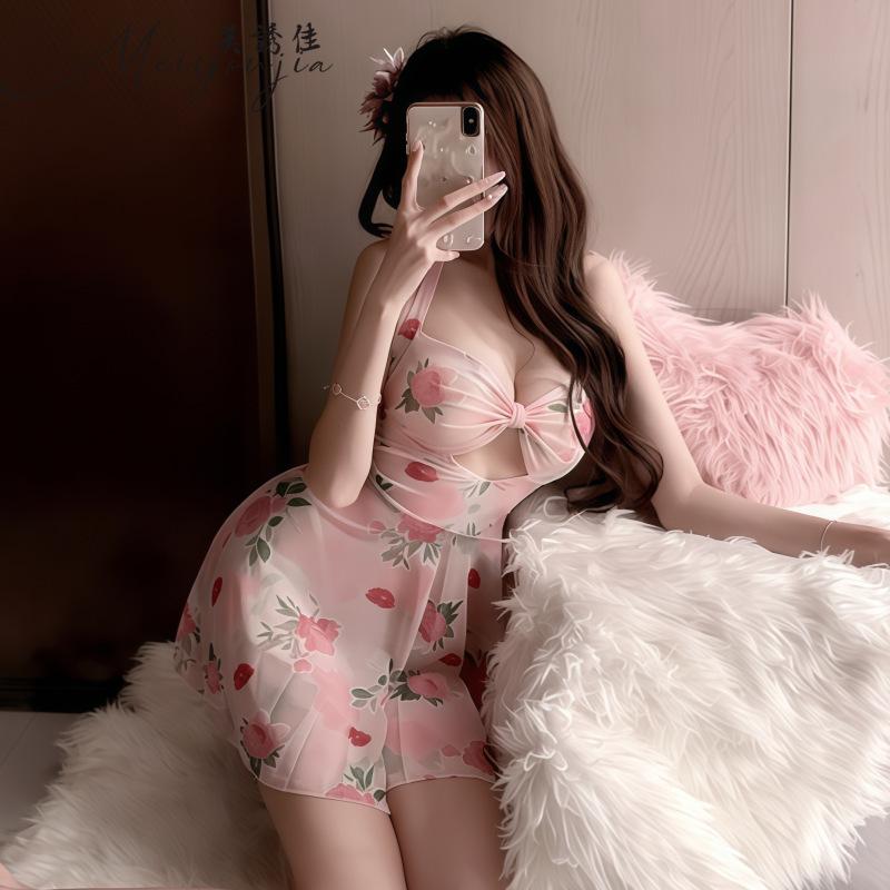Sexy lingerie sexy sweet printed nightdress Spice girl beautiful back hanging neck pure desire temptation pajamas pure desire wind