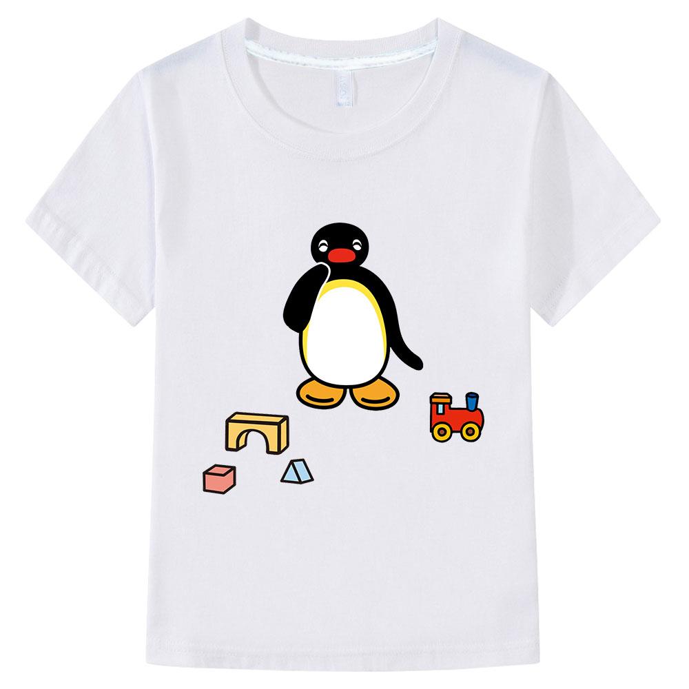 Pingu Summer 100% Cotton T-shirt Kawaii Boys Cartoon Print Girls Kids Clothing Fashion Streetwear Tops Tees O-neck Short Sleeves
