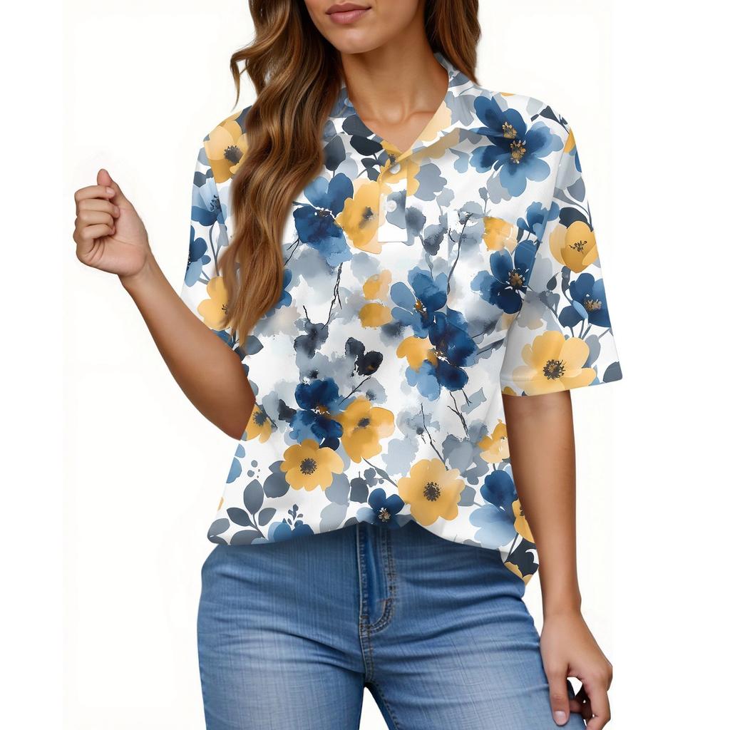 Women's Fashion Casual Button Pocket Shirt Short Sleeve Print Lapel Top