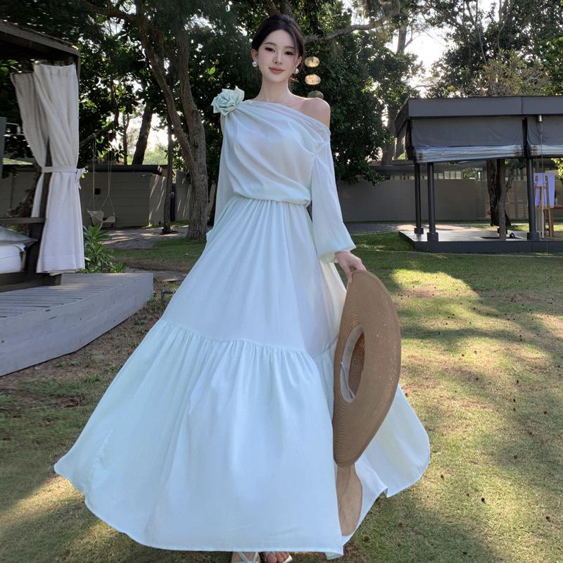 Французский темперамент Высококачественное платье для отпуска с воротником-бандо Мятно-зеленое Весна-Лето Защита от солнца