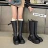 Cowhide Version~ Belt Buckle But Knee Boots Women'S Round Head Versatile Thick Sole Heightening Black Tall Knight Boots Women'S