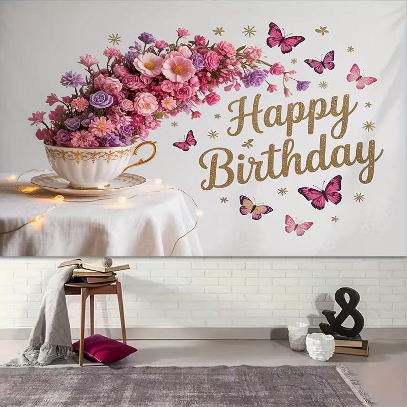 2D Pink Floral Butterfly Birthday Backdrop Elegant Teacup Flower Background for Girls