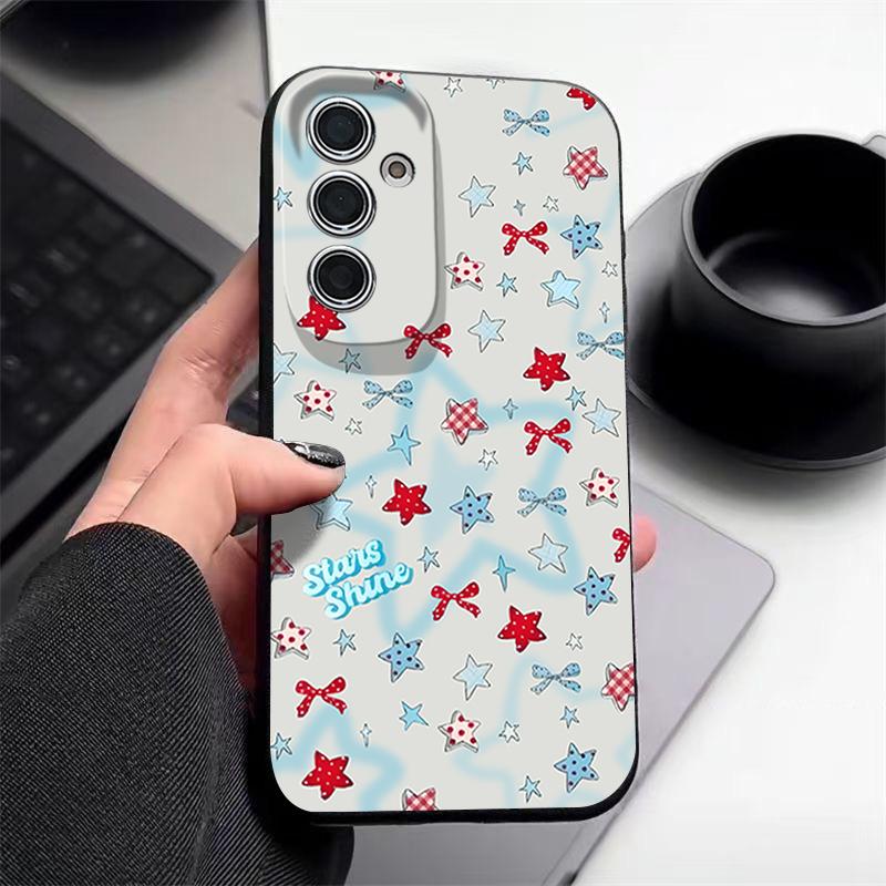Чехол со звездочками и бантами для Samsung Galaxy A57 A37 A17 A56 A36 A26 A16 A55 A35 A15 A54 A34 A14 5G Силиконовый чехол с текстурой кожи