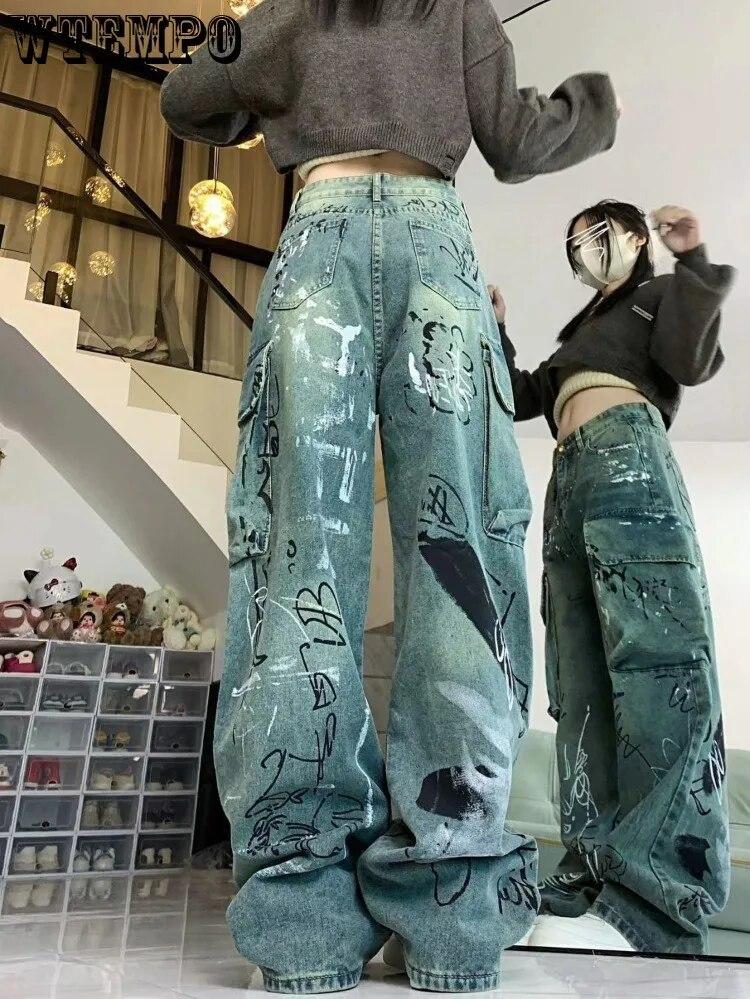 Painted Graffiti Letters Printed Washed Trendy New Wide-leg Jeans with Personality and Versatile Loose Casual Straight Pants