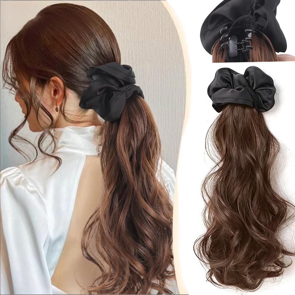 Black Hair Ring Claw Clip Synthetic Ponytail Extensions for Girls Layered Curly Ponytail Low High Tie Natural Wavy Ponytail