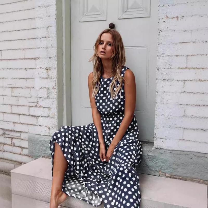 2025 Spring Summer Fashion Printed Polka Dot Women Dress Sleeveless Elegant Loose Round Neck A-line Party Long Dress Versatile Casual Simple Clothing