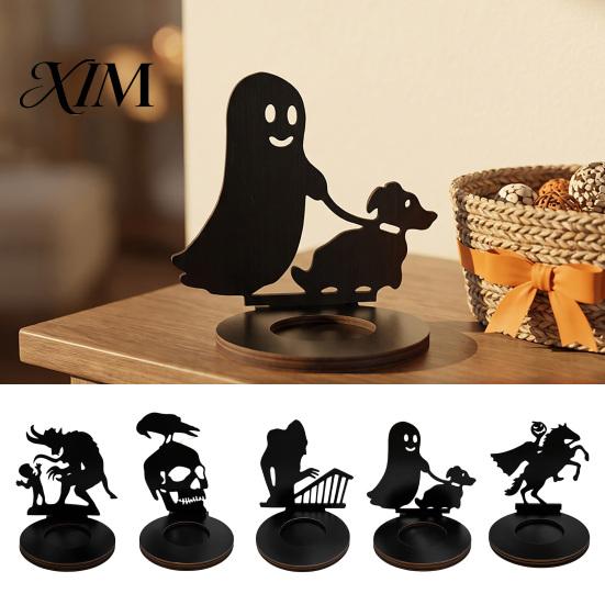 Decorative Ghost Candle Projection Halloween Shadow Holder, Spooky Skull Candlestick Decoration, Holder Vintage Wooden Tea Light Stand for Home Party