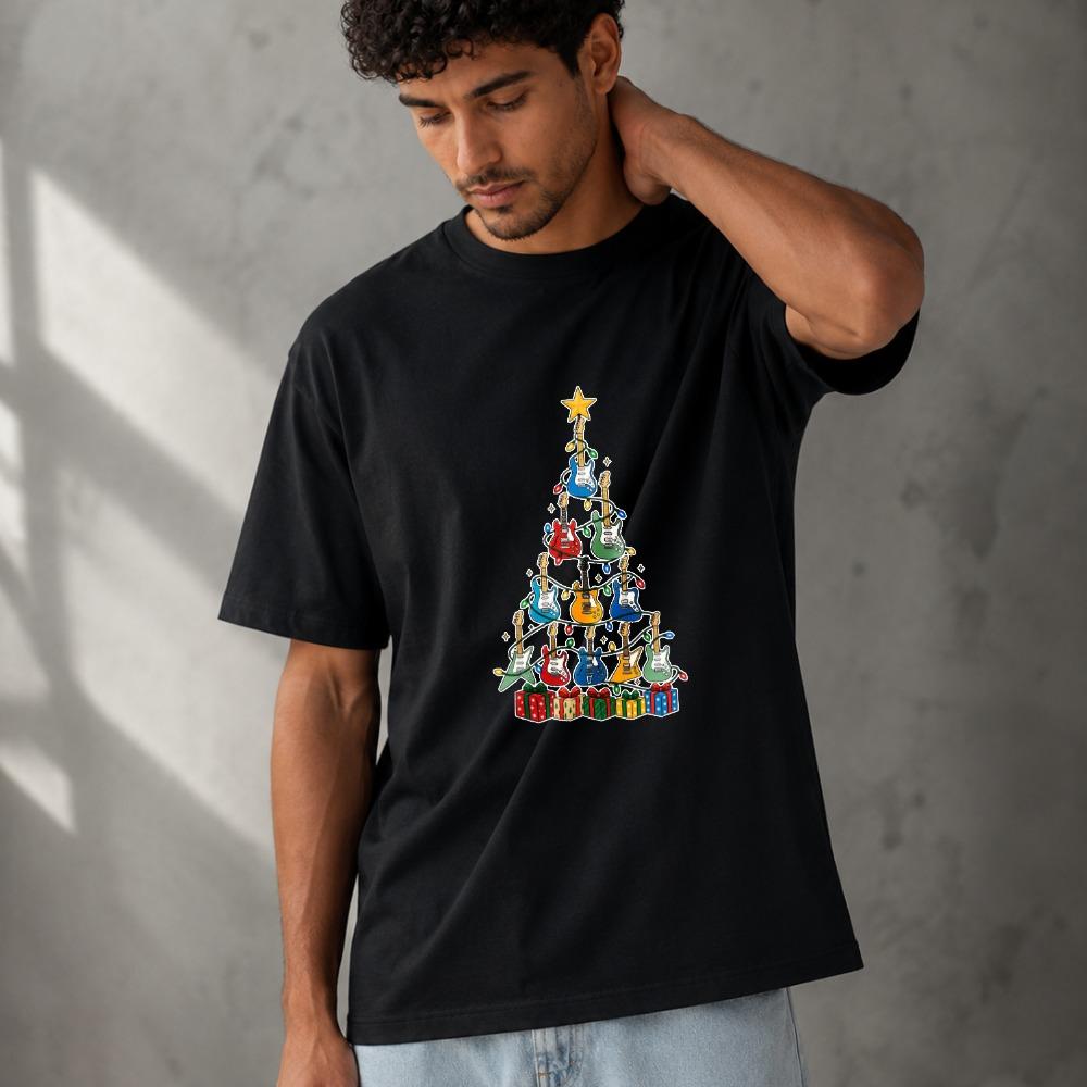 Guitar Christmas Tree Colorful Musical InstruUnisext Xmas Graphic Modal TShirt Soft Lightweight Music Lover Holiday Casual Tops