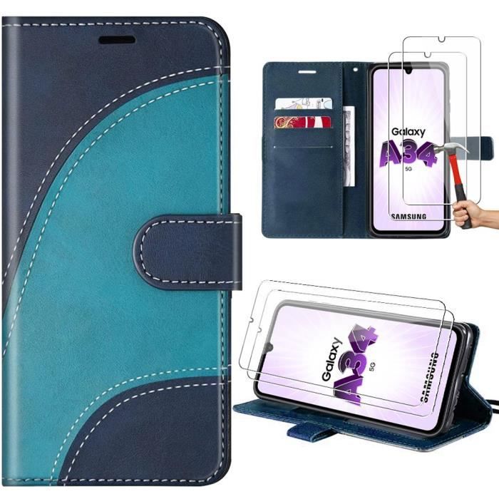 Чехол + 2 Закаленных стекла - BOOLING - Samsung Galaxy A34 5G - Полужесткий - Искусственная кожа PU - Синий