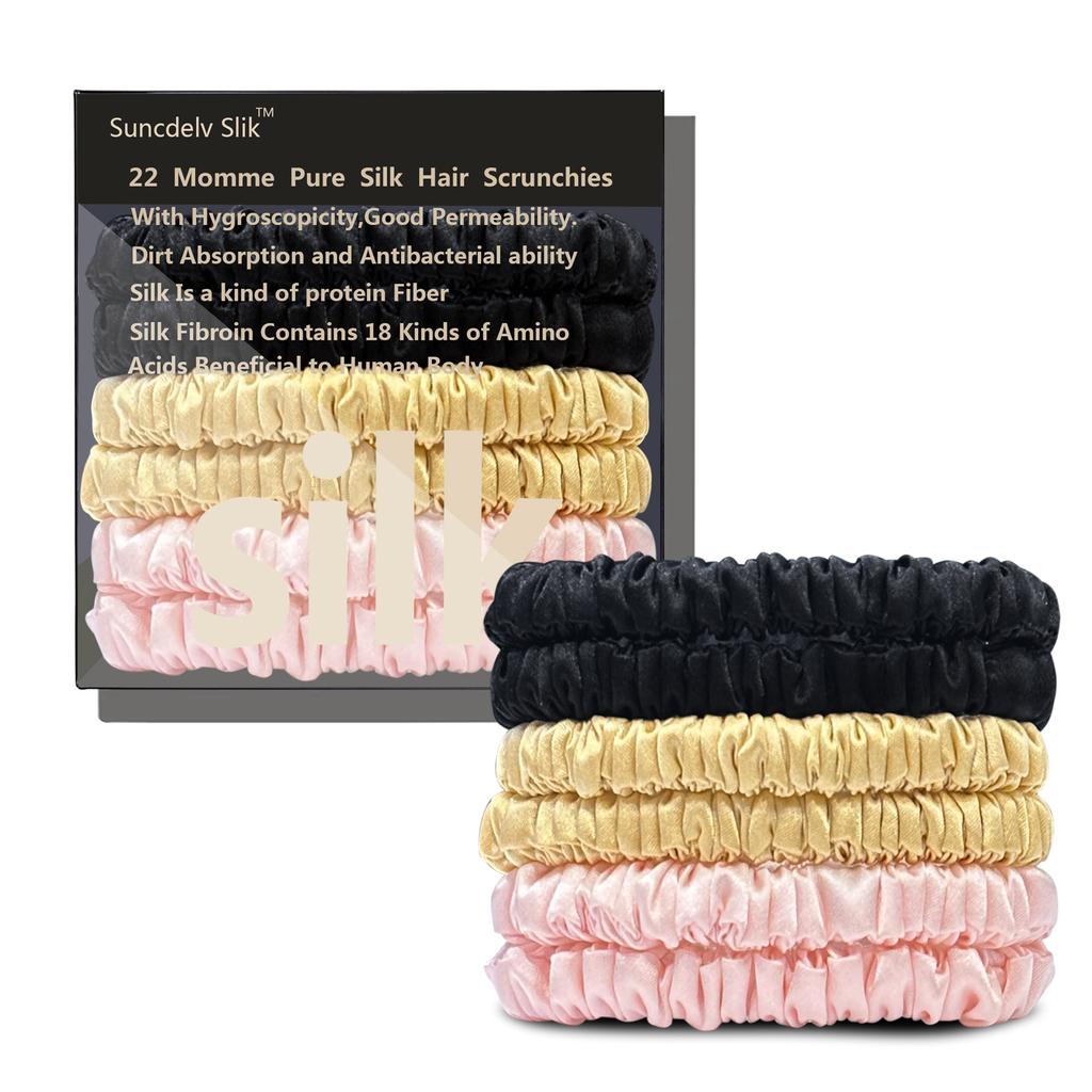 6PCS 100% Pure Mulberry Silk Hair Scrunchie Handmade Hairbands Women Girl Hair Accessories Pure Color Natural HairTies Box