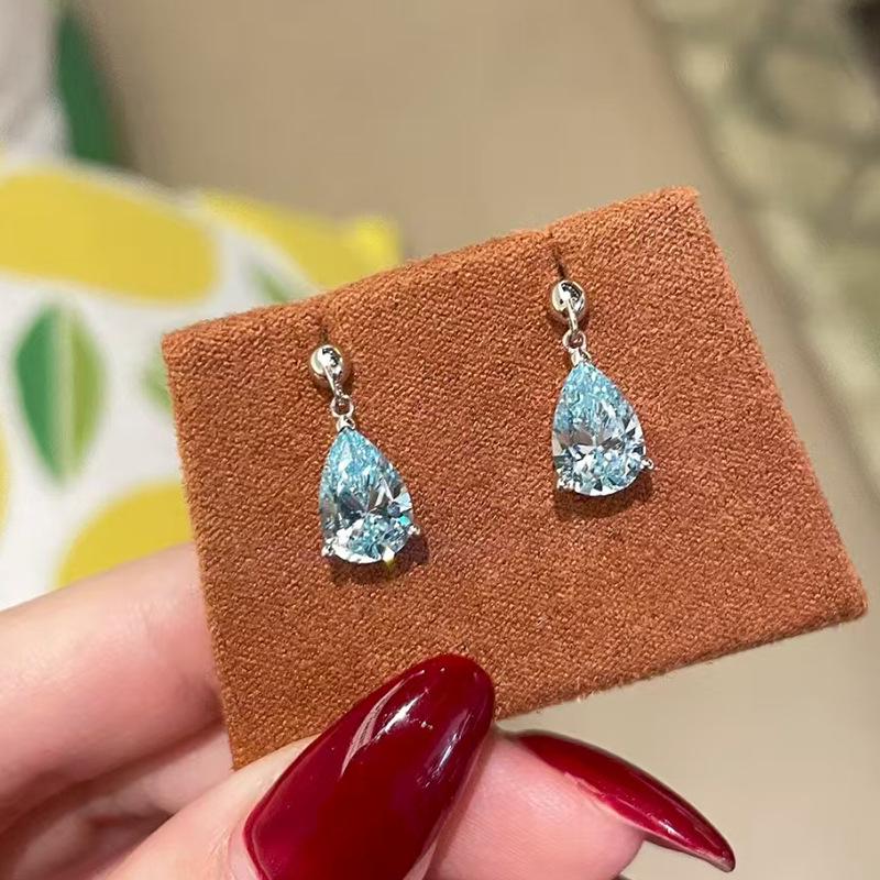 Hui Zhi Yi S925 Silver Teardrop Aquamarine 7x10mm Pear-Shaped Diamond Fashion Earrings for Women