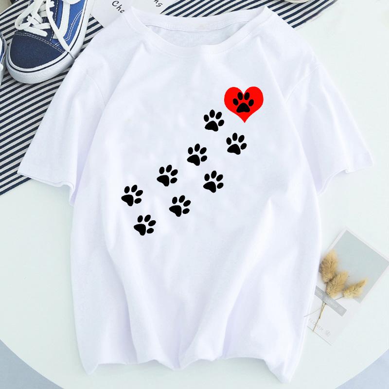 Women Dog Paw Print Short Sleeve Fashion Printed Summer Lady Womens Clothing Tops T-Shirt Shirt Tees Female T Shirt