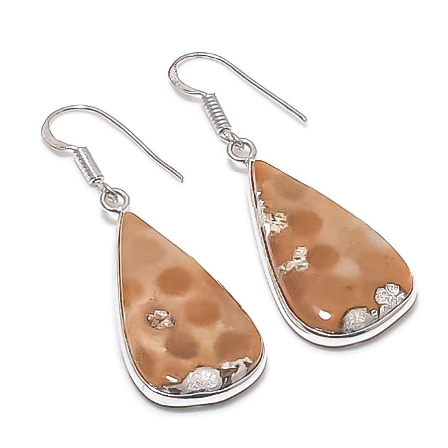 Natural Fossil Coral Gemstone Handmade 925 Sterling Silver Earring 1.89" R0B30