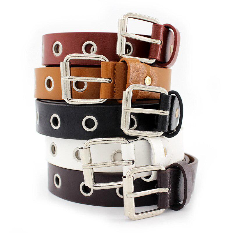 Women Leather Belt Round Metal Pin Buckle Circle Belt Fashion Row Grommet Waist Belt Strap