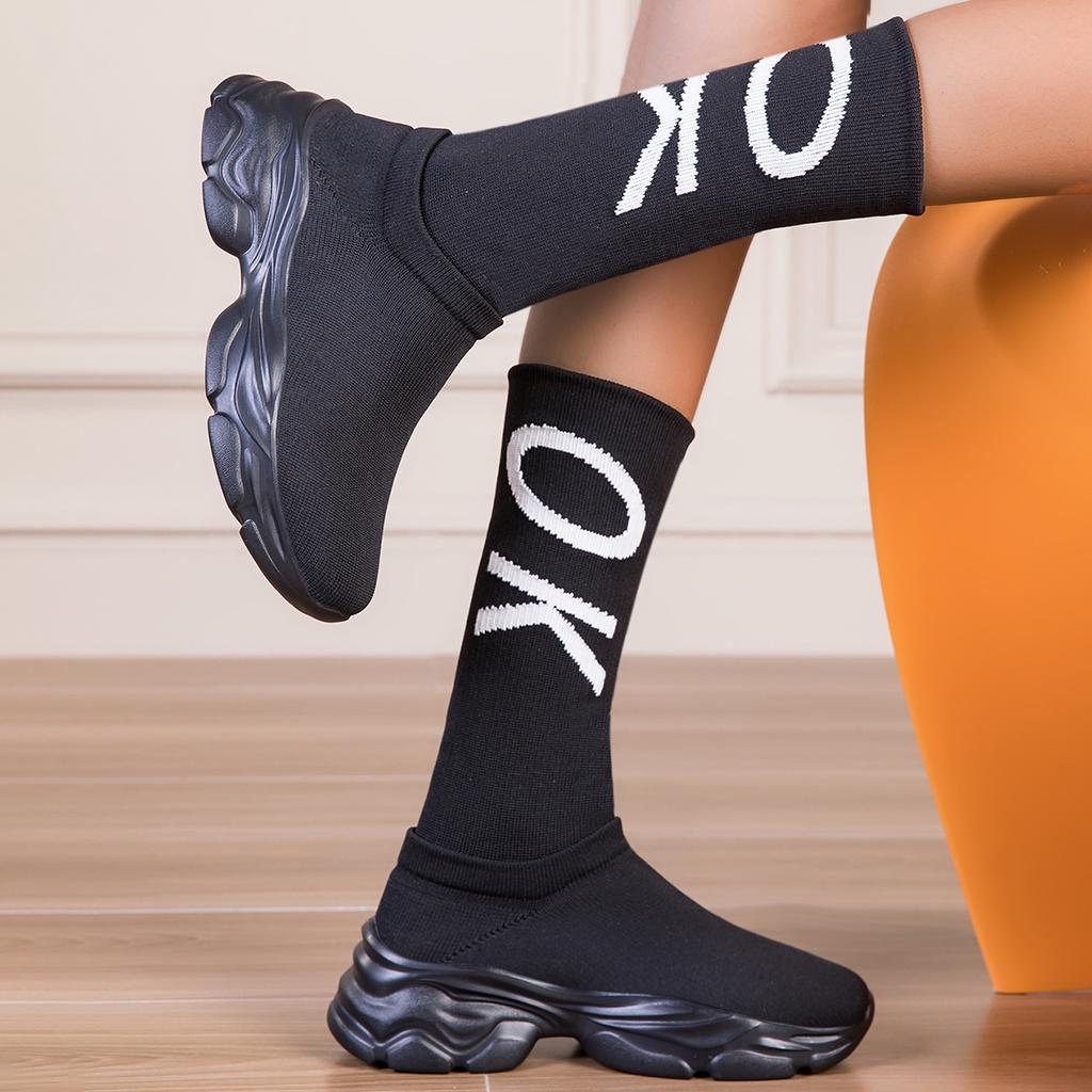 TUINANLE Thick Sole Long Boots for Women Elastic Socks Shoes Boots Mid-calf Round Toe Low Heels