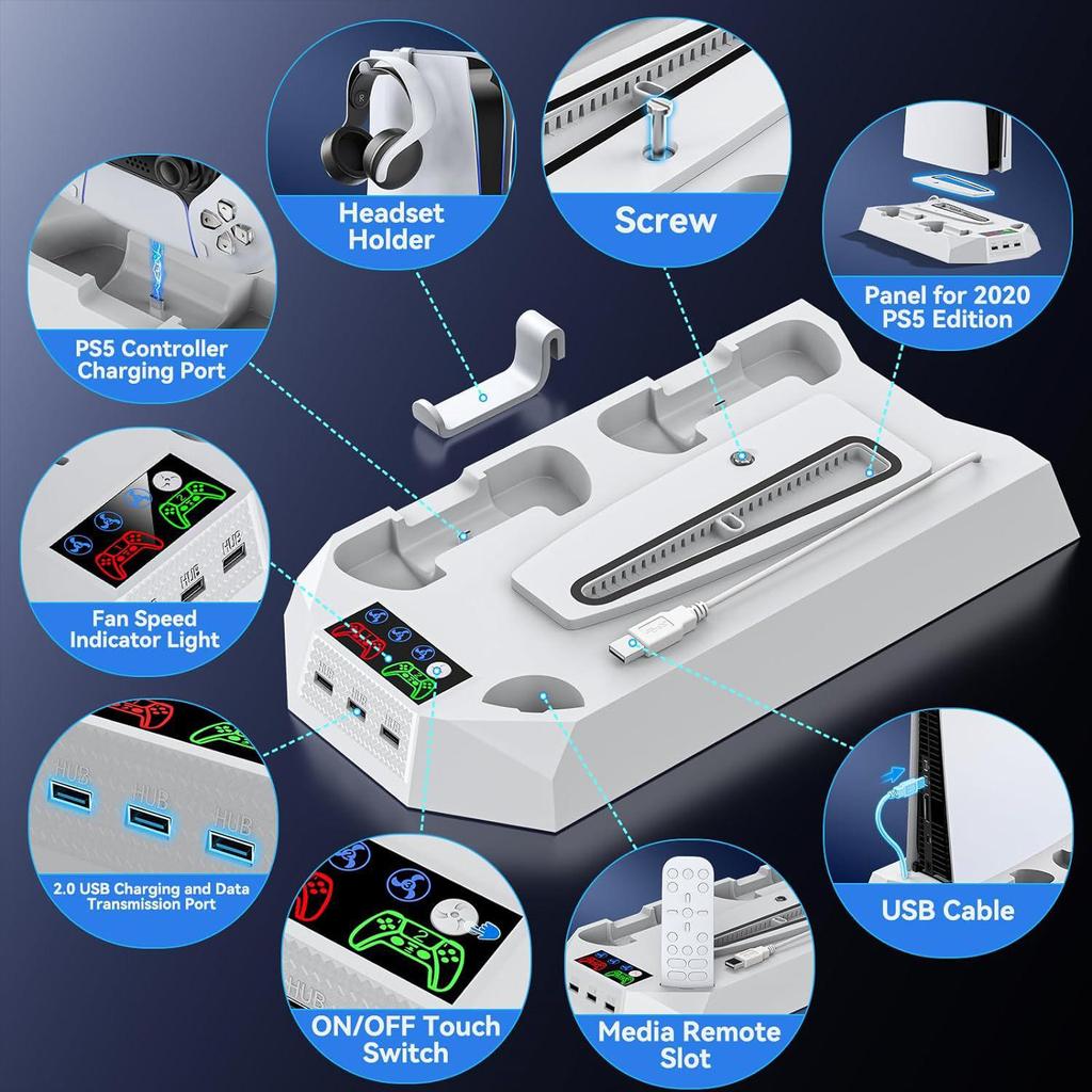 PS5 Pro/Slim Cooling Fan Base & Dual Controller Charging Station