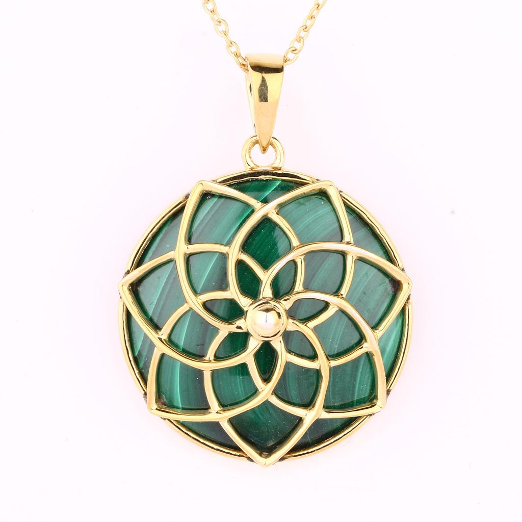 Natural Malachite Round Pendant Necklace 925 Sterling Silver Gold Plated Handmade Fine Jewelry Gift for Her