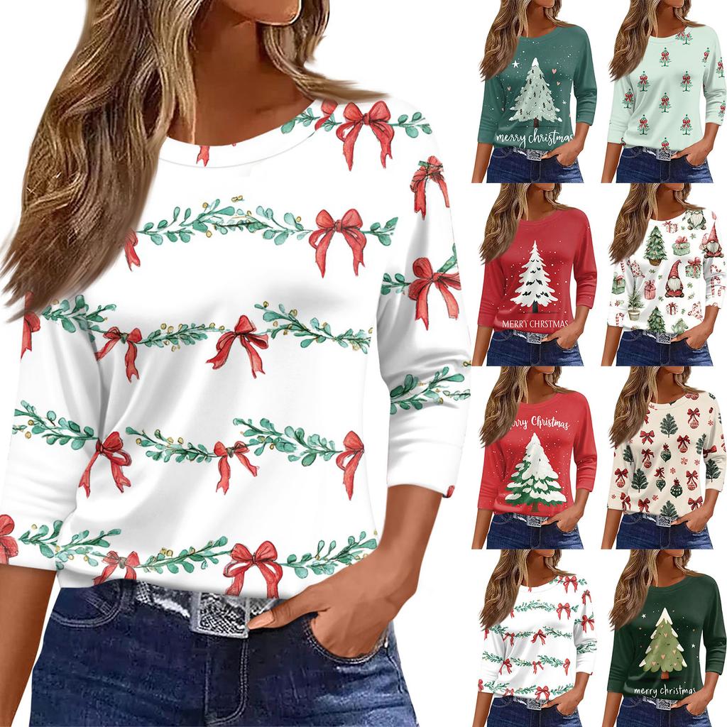 Женский топ с круглым вырезом и рукавом 3/4 с рождественским принтом
