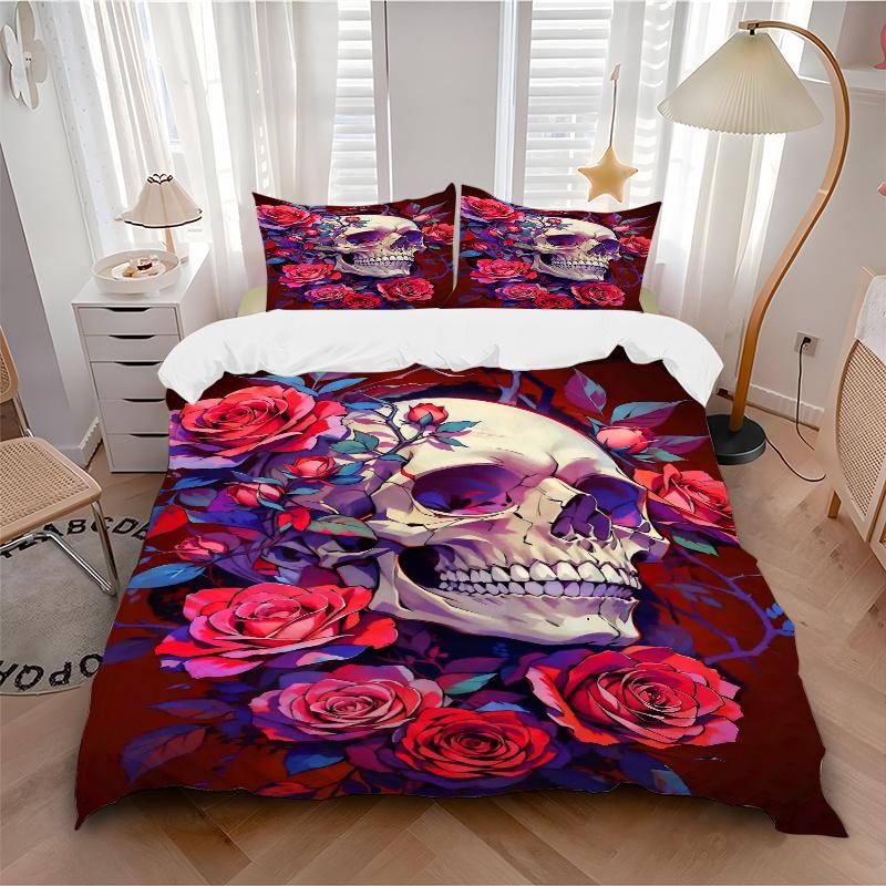3pcs Skull and Roses Quilt Cover Set - Soft & Comfortable Polyester Fabric, All-Season Breathable Comforter Set For 1 Quilt Cover & 2 Pillowcases