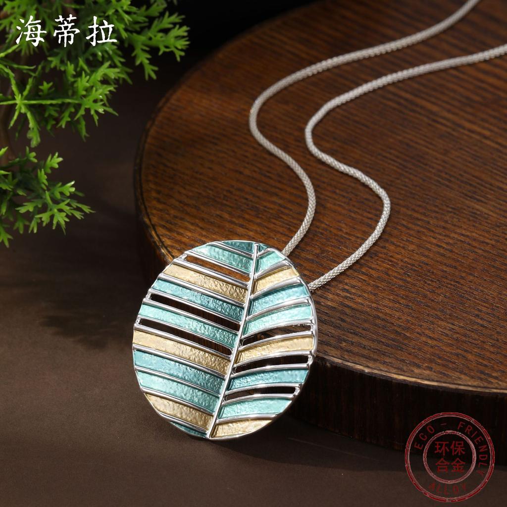 Новый эмалевый цвет полый круглый геометрический лист длинная подвеска женская личность круглый лист длинное ожерелье