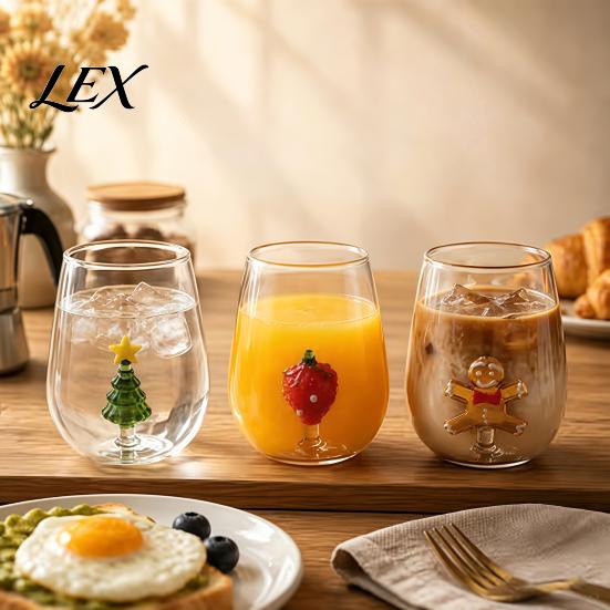 Cute Glass Cups with 3D Fruit Ornaments Clear Drinking Cup And Christmas Holiday Ornaments, Handmade Decorative Mugs Heat Resistant Borosilicate