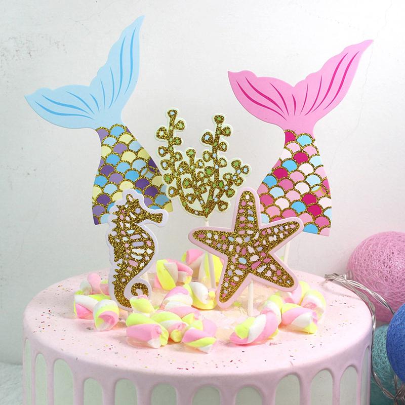5Pcs/Set Cute Mermaid Tail Starfish Coral Seahorse Cake Toppers Party Supplies