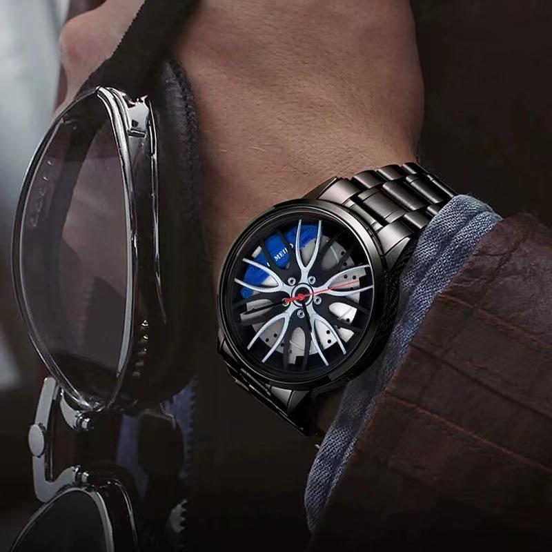 Watch Men'S Fashion Sports Personality Racing Wheel Black Steel Belt Quartz Watch Men'S