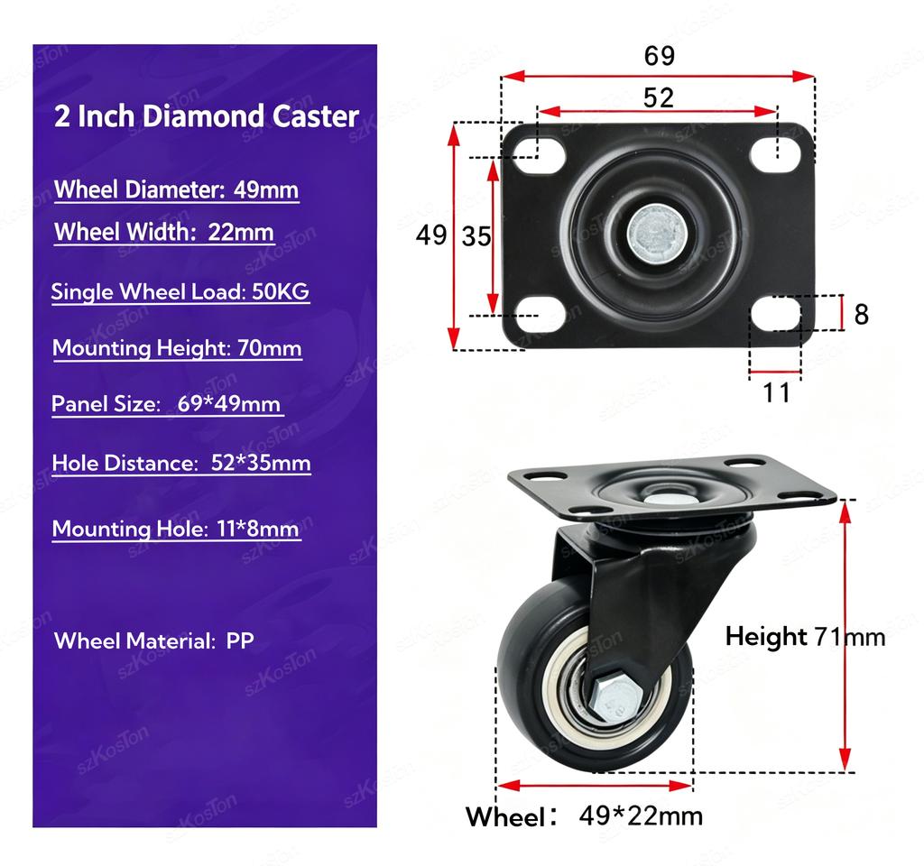 1Pcs/Pack 1" Heavy Duty Caster Fixed Wheels without/with Brakes 161 Degree Swivel PP Castor for Furniture & Industrial Trolley