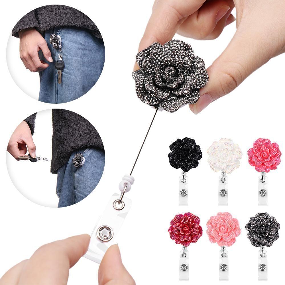 Unisex Stationery Retractable Lanyards ID Name Card Key Ring Badges Holder Rose Shape Badge Reel
