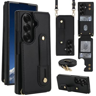 Наплечный чехол для телефона Samsung Galaxy Z Fold 7 Fold6 5 4 Кожаный Металлический зажим Ремешок на запястье Держатель для карт Кошелек с ремешком