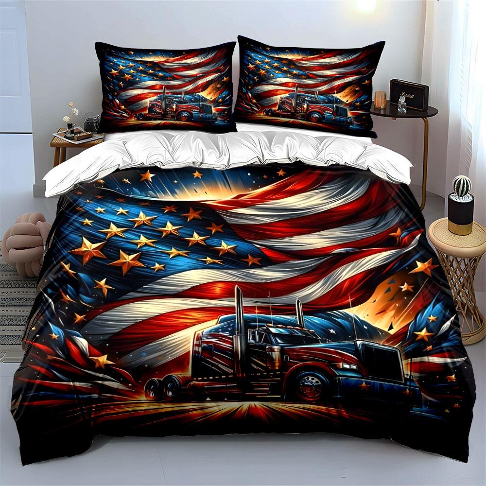 American Flag with Truck Design Bedding Duvet Cover Set Duvet Cover Pillowcases (1 * Duvet Cover 2 * Pillowcases, without duvet insert)