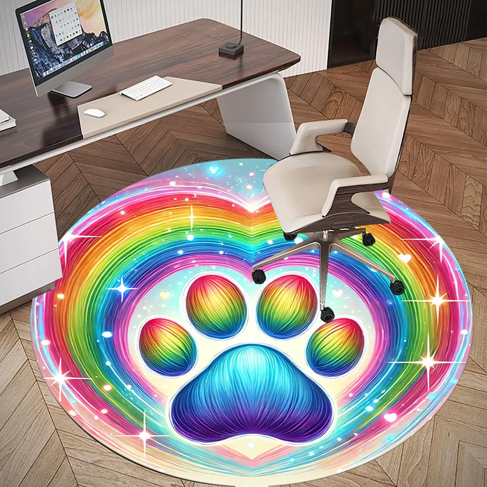 1pc Rainbow paw print Round Chair mat Area Rug - Non-Slip, Floor Mat for Office, Bedroom, and Indoor Decor -1002113