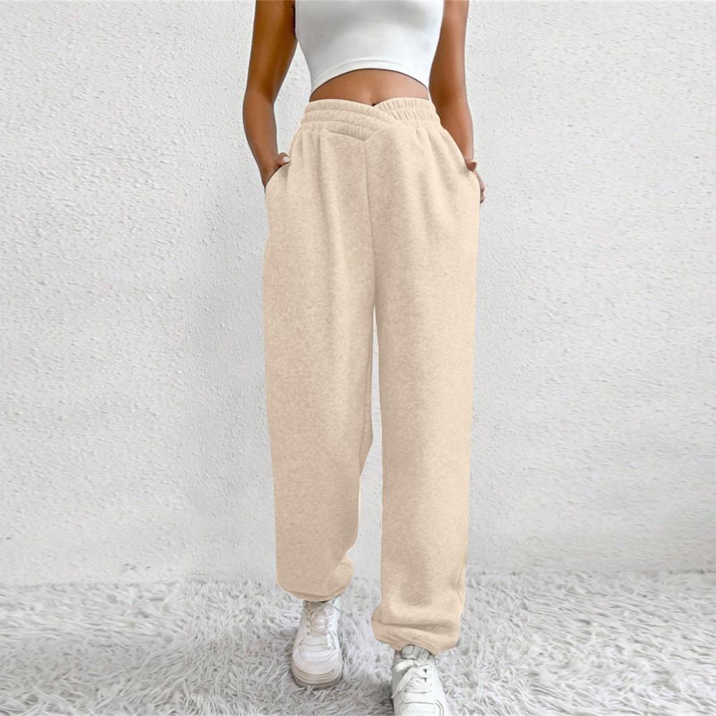 Women's High Waist Solid Color Casual Trousers Workout Sports Joggers Pants With Pockets