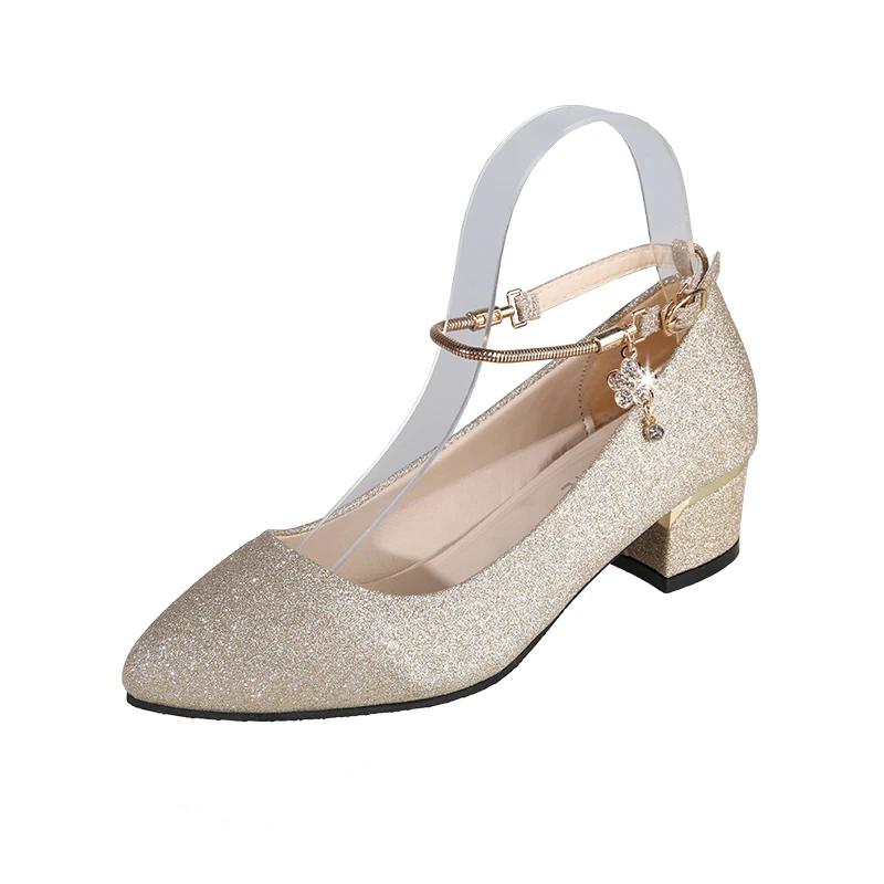 Женские свадебные туфли на высоком каблуке, серебристо-черные весенние туфли-лодочки 2024 с ремешком на щиколотке и кристаллами, туфли-лодочки на неглубоком массивном каблуке, большие размеры