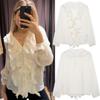 Womens Ruffled Layered Cardigan Shirt Loose Fit Casual Top Pure Color Long Sleeve