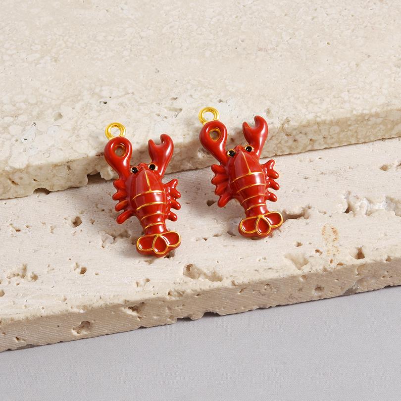 2pcs Red Lobster Crab Coral Real Gold Plated Stainless Steel Enamel Charm For Jewelry Making Supplies DIY Beach Necklace Pendant