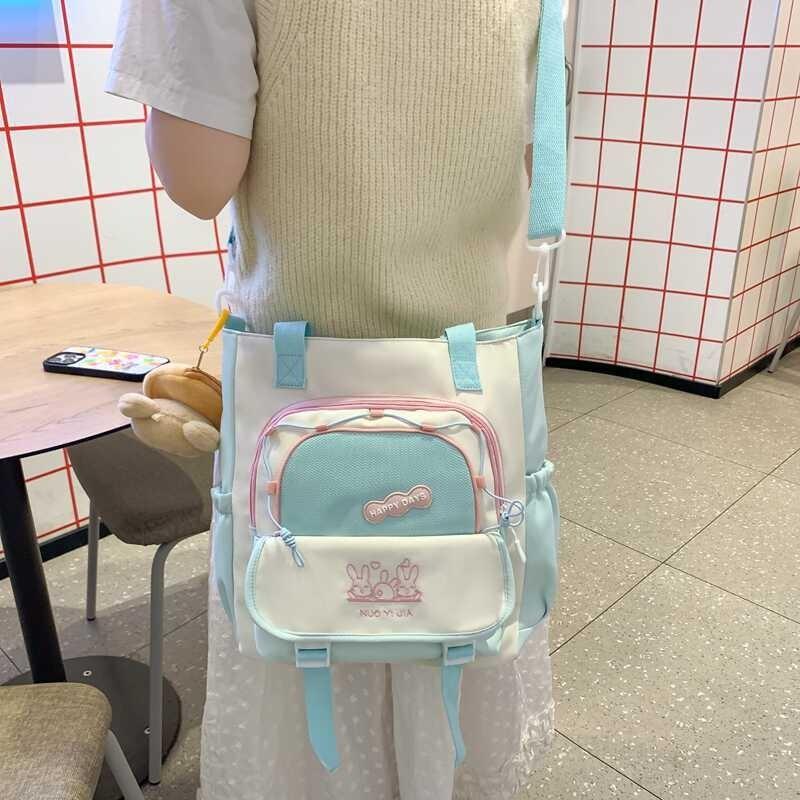 Trendy Canvas Shoulder Bag Cute Color Block Handbag Lightweight Waterproof