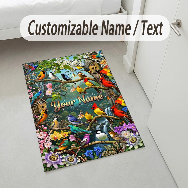 Birds Theme Soft Crystal Velvet Rug Custom Name & Text Print Non Slip Floor Rug for Bedroom Living Room