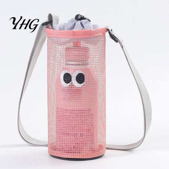 Kids Bottle Carrier for School Mesh Drawstring Crossbody Cup Holder, Adjustable Strap Breathable Water Travel Holder Hiking Bag, Cute Cartoon Pattern