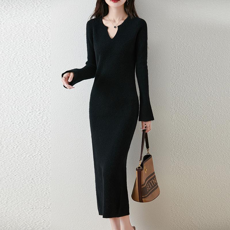 Женское платье-свитер 100% шерсть MODERN NEW SAGA V-образный вырез трикотажный длинный пуловер зимние джемперы шерстяное длинное платье женское