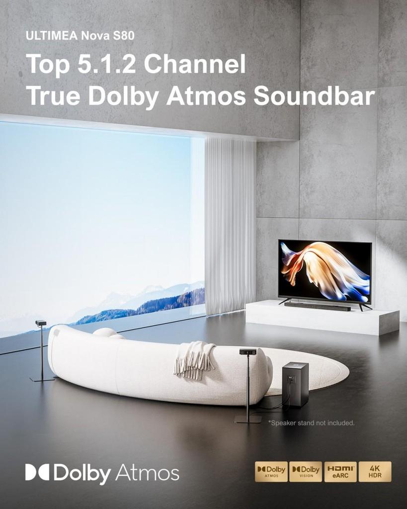 Ultimea Nova S80 5.1.2CH Soundbar with Speaker Stands Pair, Dolby Atmos, 520W Peak Power, 8' Wireless Subwoofers