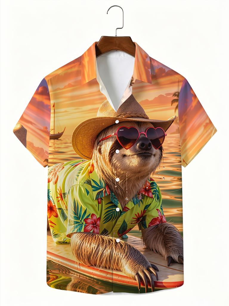 Men's Hawaiian Short-Sleeve Button-Up Shirt with Sloth Print Lapel Collar - Breathable Non-Stretch Polyester Tropical Shirt Suitable for Beach