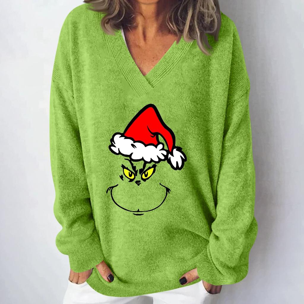 Женская мода повседневная рождественская принтованная трикотажная кофта с V-образным вырезом и длинными рукавами, модный милый свитшот