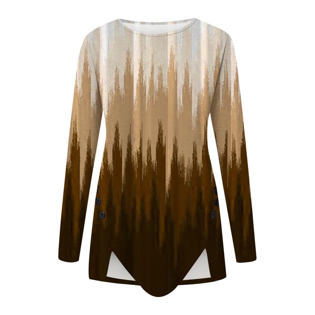 Женский повседневный топ с длинным рукавом и винтажным принтом, круглым вырезом, боковыми пуговицами, нестандартной формы, с длинными рукавами