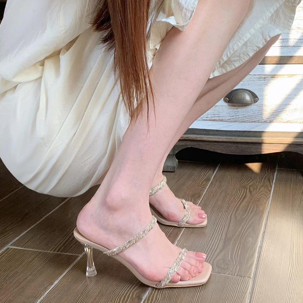 Rhinestone Fairy Wind Sandals 2025 New Summer Stiletto Nude Word with Slippers High Heels Temperament Socialite